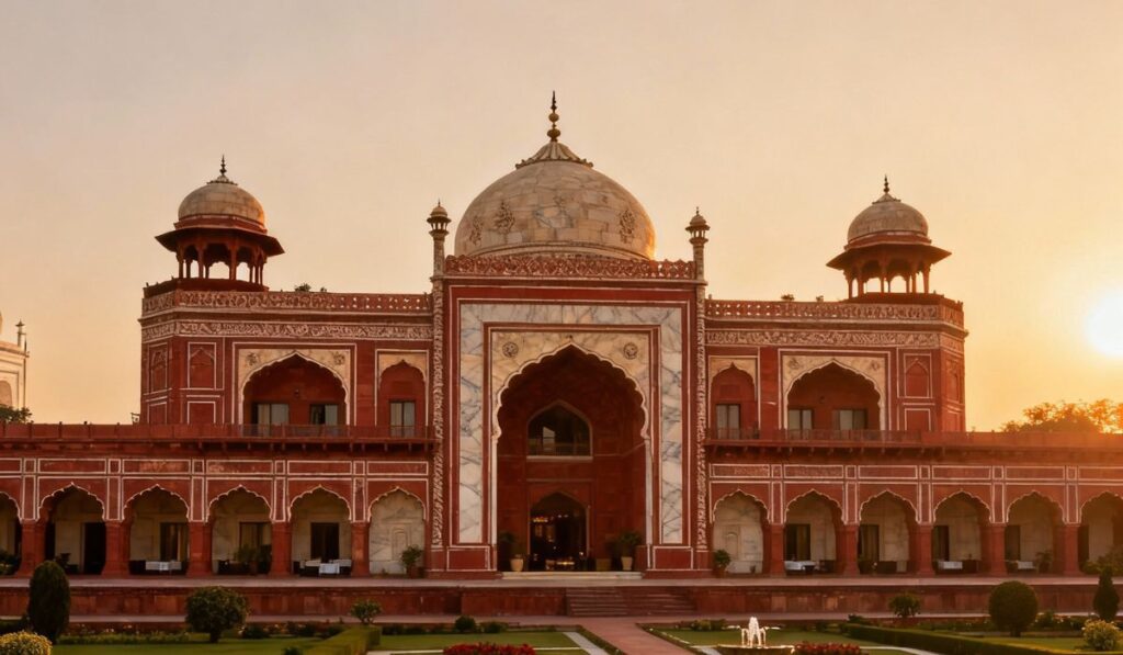 Luxury Taj Mahal palace hotel featuring traditional Mughal architecture and landscaped gardens near the Taj Mahal in Agra.
