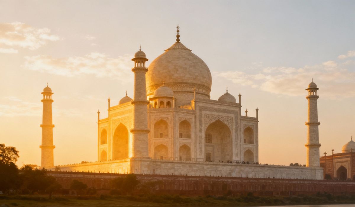 Taj Mahal glowing softly in silver-white marble under a clear full moon and starry night sky, viewed from a distance with peaceful surroundings.