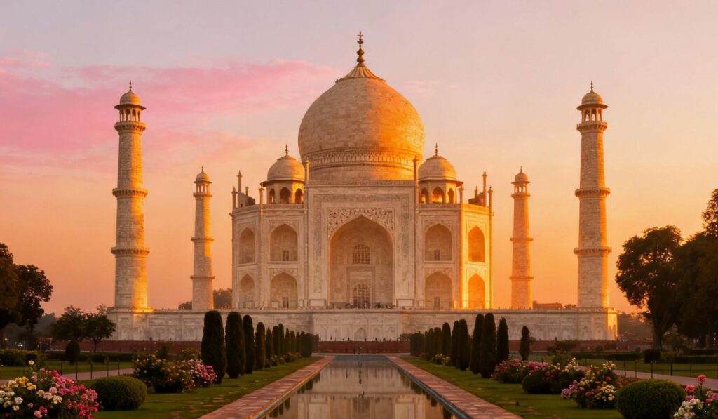 Taj Mahal bathed in golden sunrise light with a clear reflection in the calm water of the foreground pool, surrounded by peaceful gardens and trees.