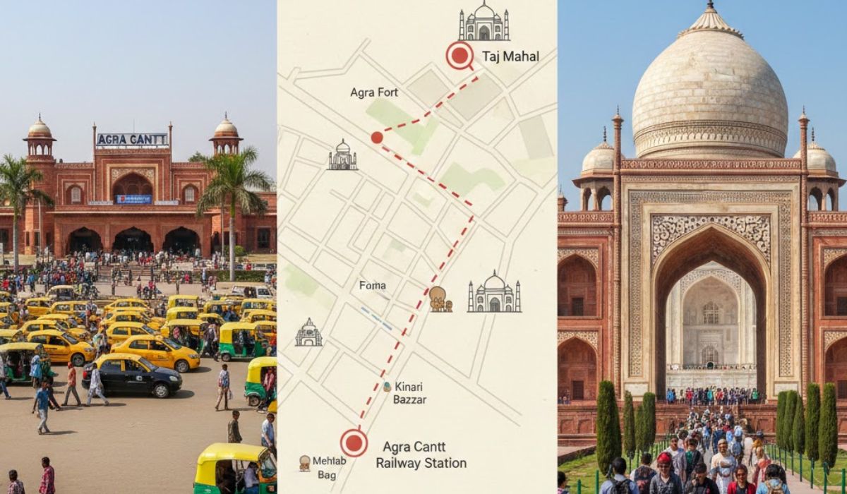 Agra Cantt Railway Station to Taj Mahal sightseeing route with map and nearby attractions