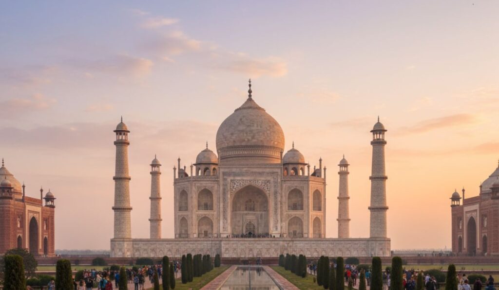 Taj Mahal view with tourist clicking photos