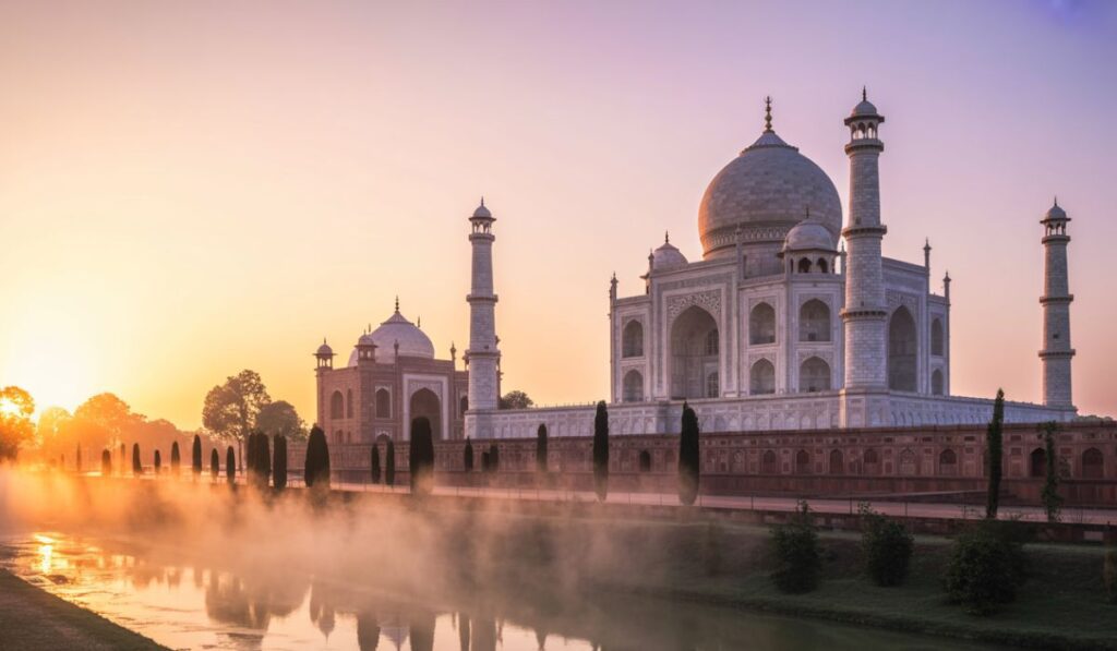 Taj Mahal sunrise in winter with soft golden light