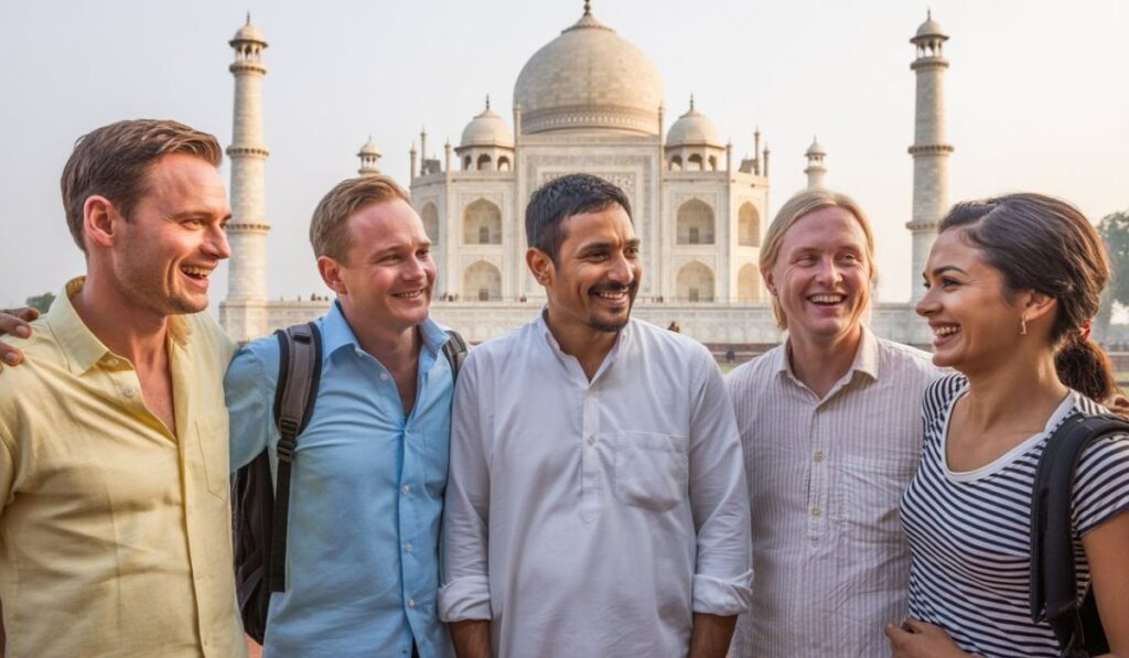 A group of smiling tourists standing in front of the Taj Mahal during an Agra tour, showcasing the experience offered by Agra tour packages.