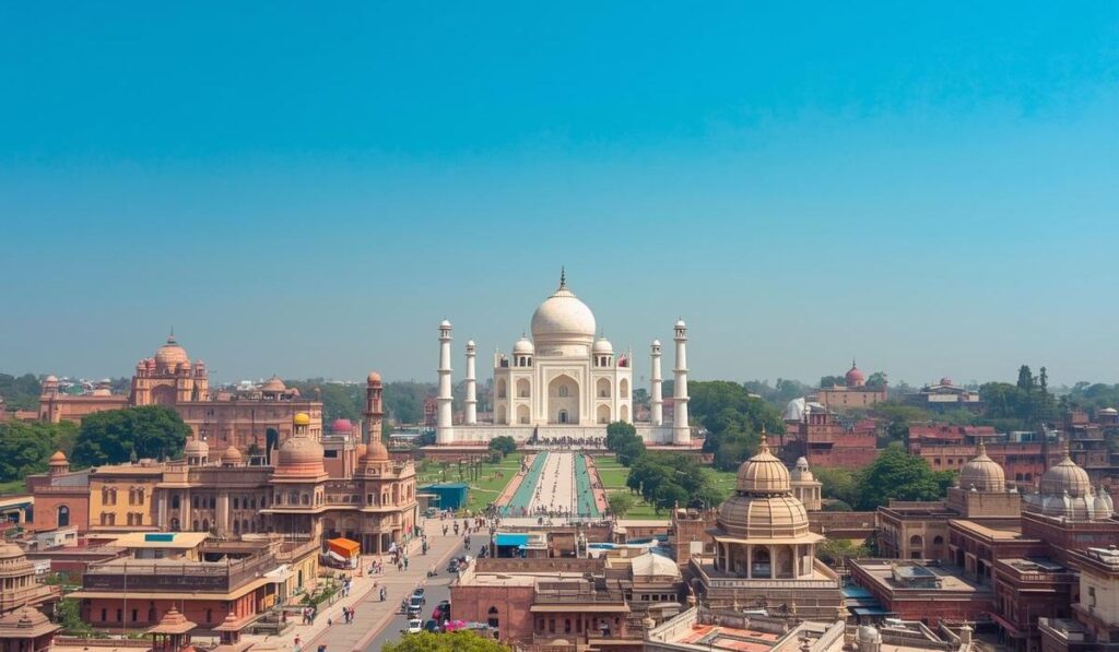 Tourists exploring the iconic Taj Mahal during a same day Agra tour, with lush green gardens and clear blue sky in the background."
Would you like me to make it more keyword-rich