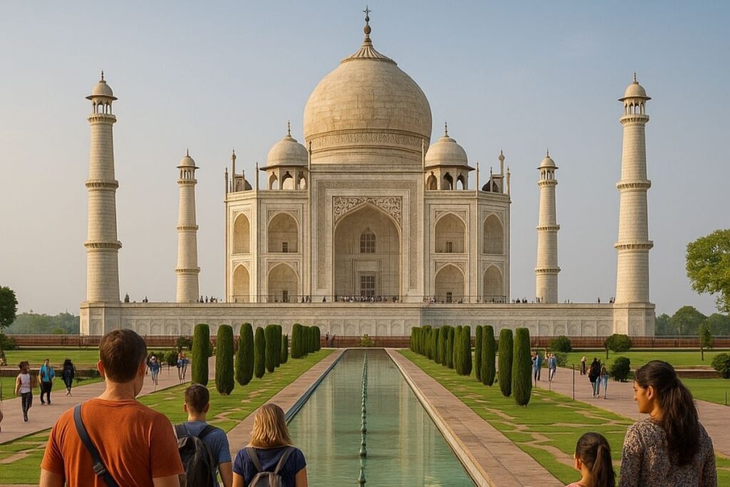 Taj Mahal viewed from the main entrance with tourists walking toward the monument along the reflecting pool with Agra tour.