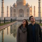 Couple visiting the Taj Mahal early morning showing the best time to experience the monument