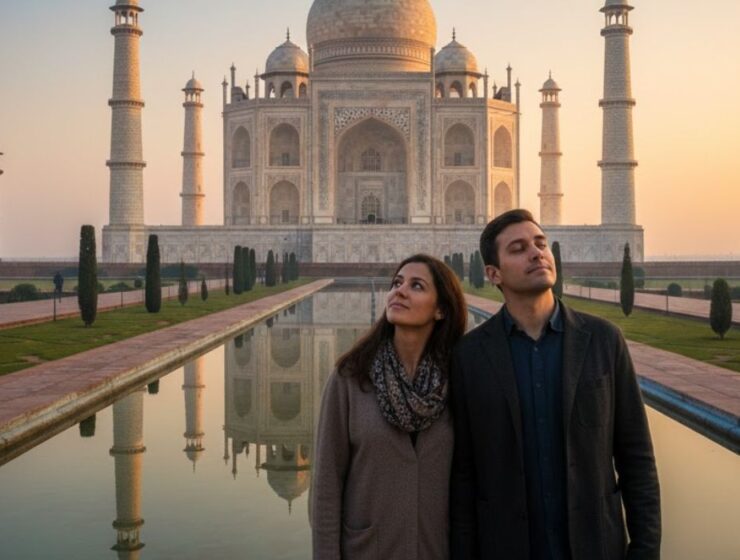 Couple visiting the Taj Mahal early morning showing the best time to experience the monument