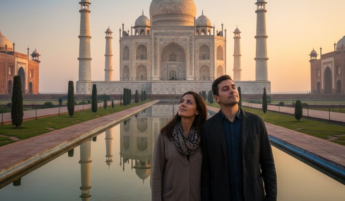 Couple visiting the Taj Mahal early morning showing the best time to experience the monument