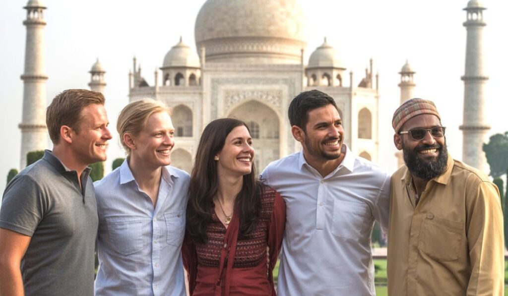 Group of happy tourists enjoying a Delhi to Taj Mahal trip with the Taj Mahal in the background.