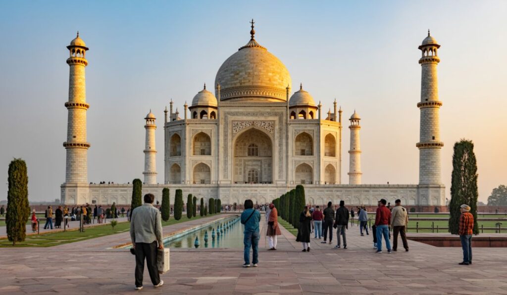 Tourists walking toward the Taj Mahal during a Delhi to Taj Mahal trip, with the monument glowing under soft sunrise light.
