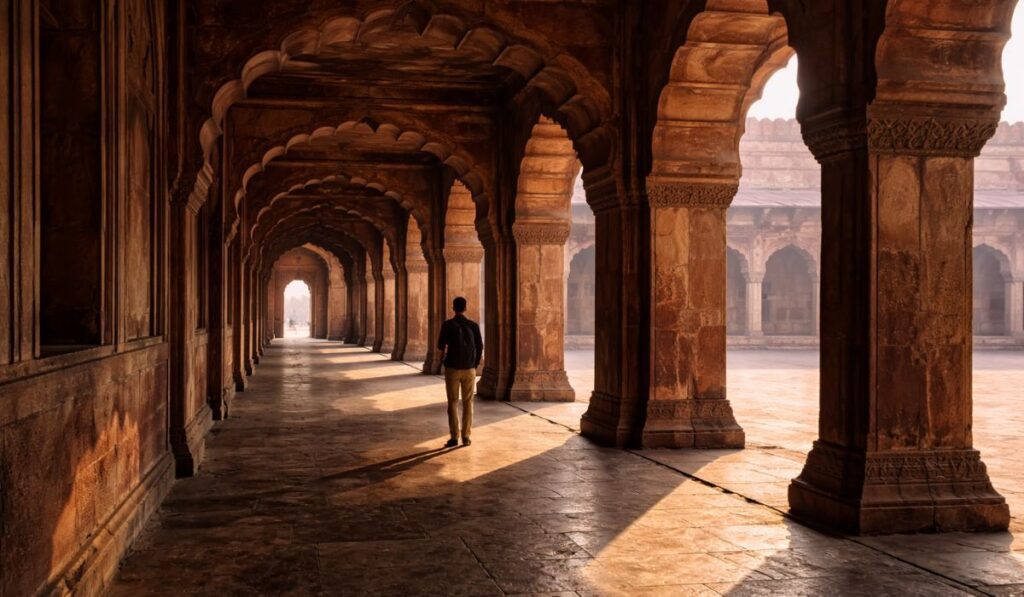 Interior corridor of Agra Fort showing red sandstone arches and filtered light during a quiet afternoon visit