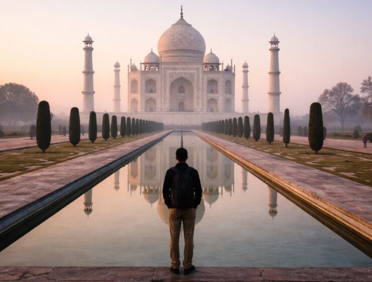 A solitary visitor standing quietly before the Taj Mahal at dawn.