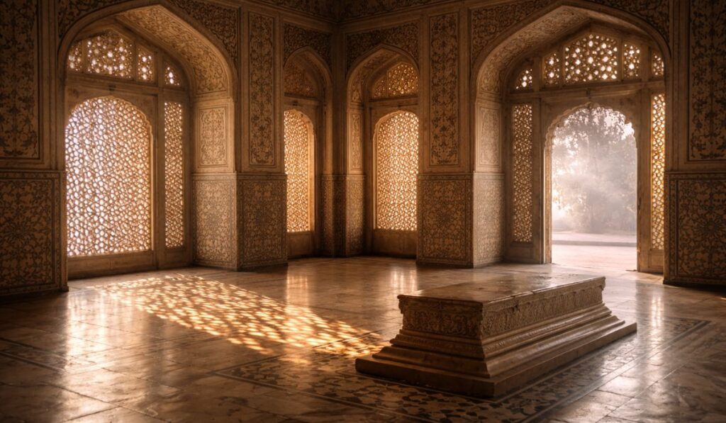 Morning light filtering through marble jali screens at Itimad-ud-Daulah in Agra