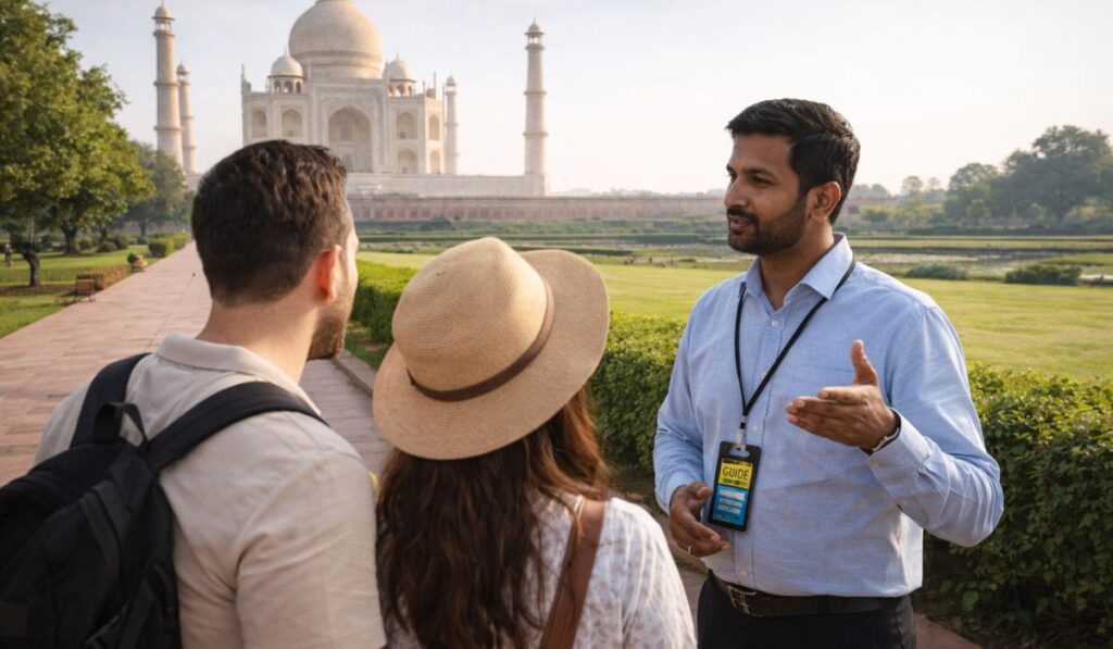 A licensed tour guide explaining the Taj Mahal to travelers during a private same-day tour in Agra.