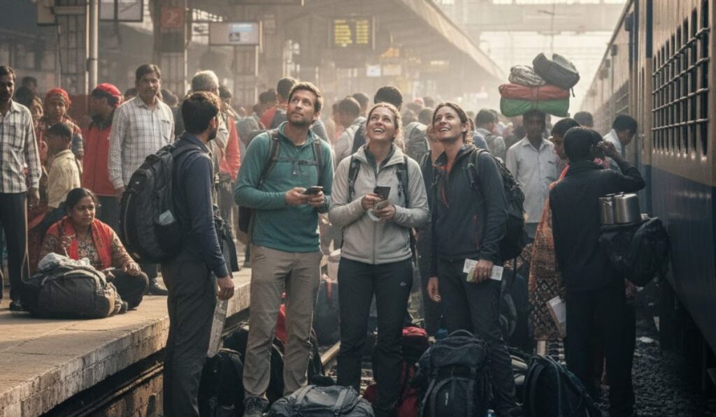 Foreign tourists at an Indian railway station for a same day Agra tour