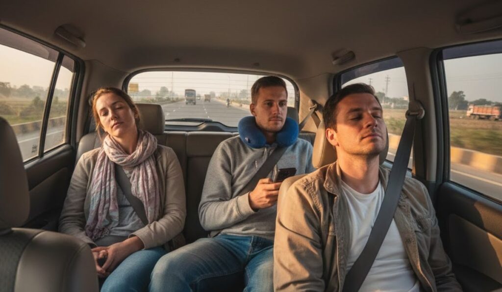 Foreign travelers resting during a long car journey after a same day Agra tour