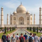 Foreign tourists visiting the Taj Mahal during a same day Agra tour