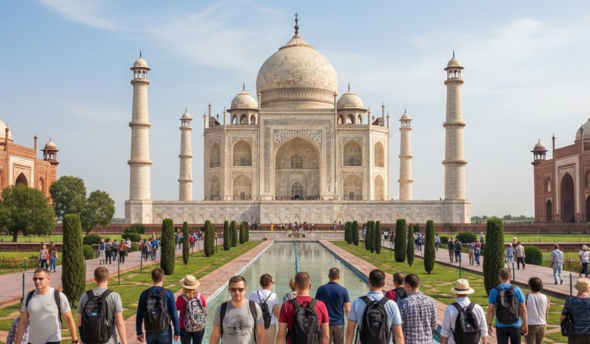 Foreign tourists visiting the Taj Mahal during a same day Agra tour