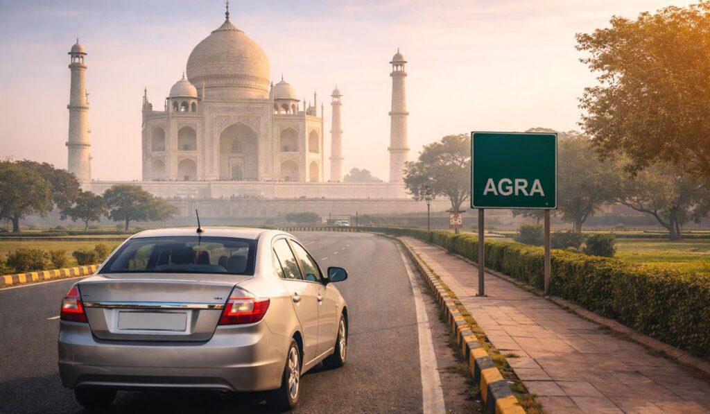 A private car arriving in Agra with the Taj Mahal visible in the background during a same-day tour from Delhi.