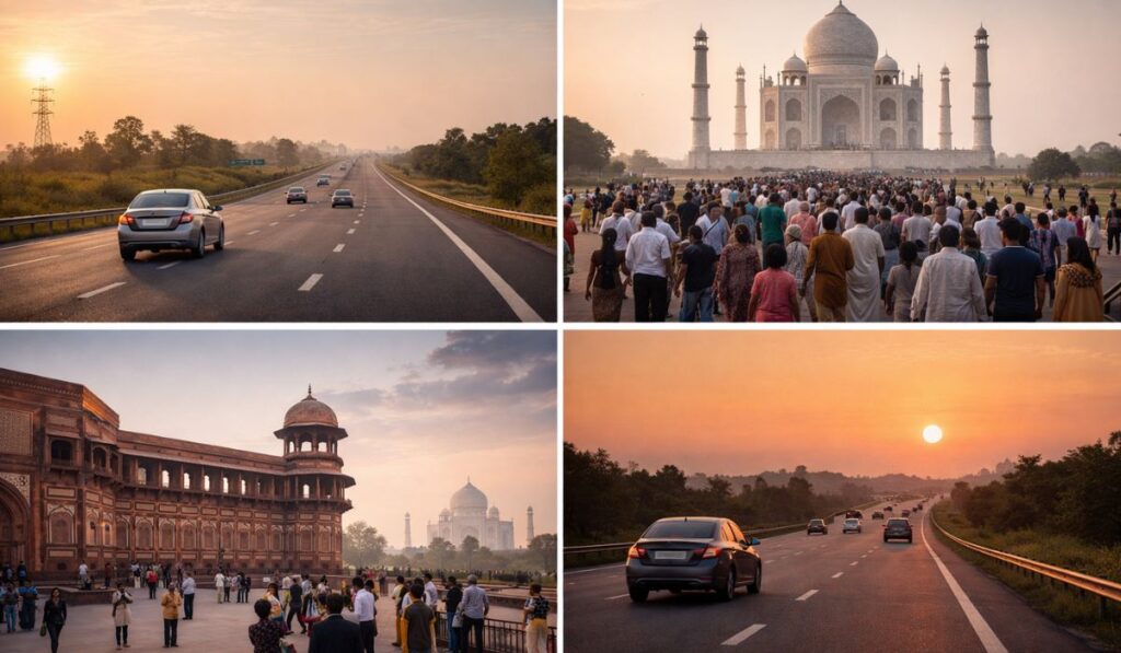 Same day Taj Mahal tour by car showing road journey, Taj Mahal visit, Agra Fort, and return drive
