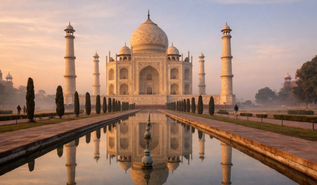 Sunrise view of the Taj Mahal with soft golden and pink morning light reflecting in the long water pool, creating a peaceful and emotional travel scene with minimal visitors.