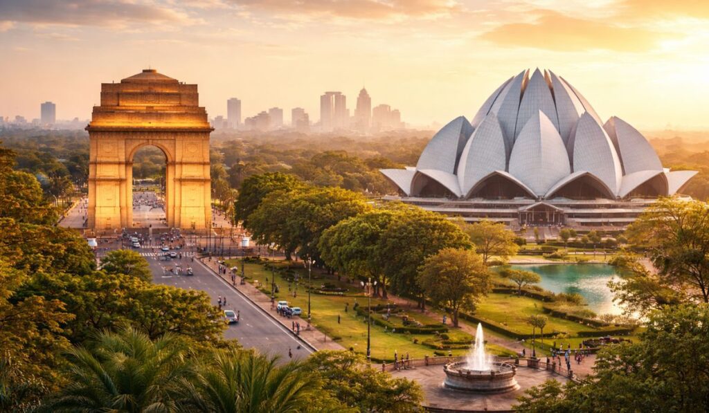 Delhi skyline with India Gate and Lotus Temple, gateway for India tours packages from Delhi