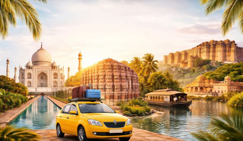 India tours packages from Delhi featuring Taj Mahal, Jaipur palace, Rajasthan fort and Kerala backwaters