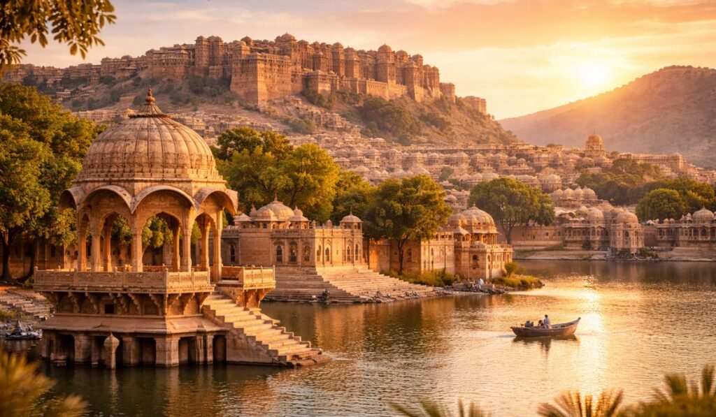 Rajasthan fort and palace landscape at sunset with lake and heritage architecture