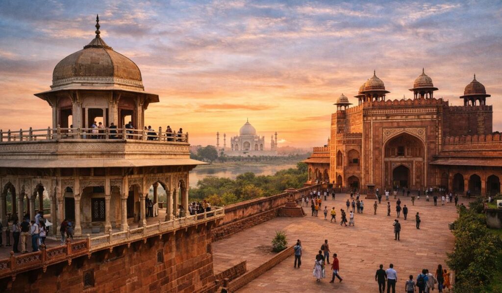 View of the Taj Mahal from Musamman Burj balcony inside Agra Fort in Agra India