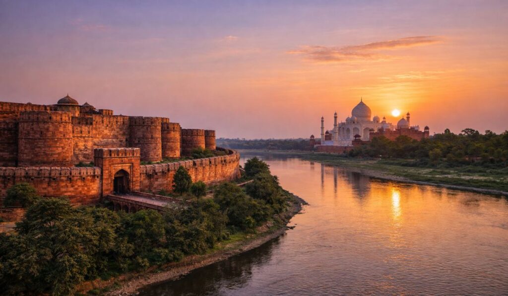 Agra Fort and Taj Mahal across the Yamuna River in Agra India