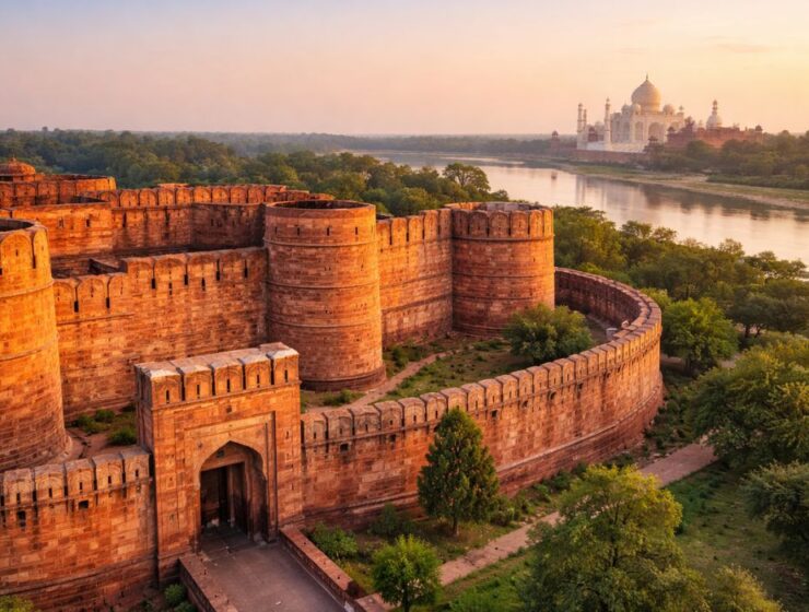 Aerial view of Agra Fort with the Taj Mahal visible across the Yamuna River in Agra, India