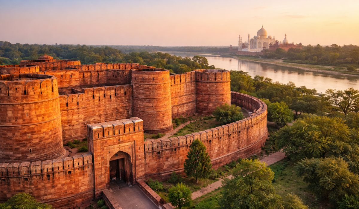 Aerial view of Agra Fort with the Taj Mahal visible across the Yamuna River in Agra, India