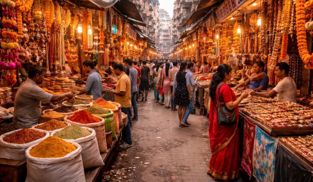 Kinari Bazaar market street in Agra with colorful shops, spices, textiles and local shoppers
