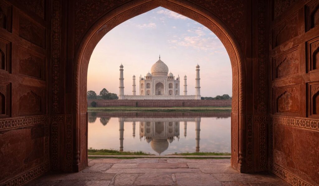 Taj Mahal framed through arch at Mehtab Bagh photography spot