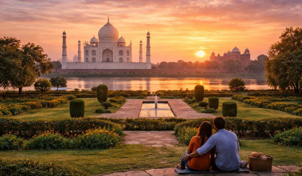 Sunset view of the Taj Mahal from Mehtab Bagh garden across the Yamuna River in Agra