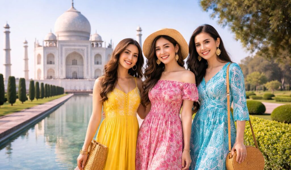 tourists wearing colorful outfits at taj mahal for photography