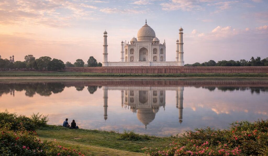 Wide view of Taj Mahal from Mehtab Bagh across Yamuna River