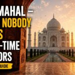 Taj Mahal at sunrise view from main gate with minimal crowd in Agra India