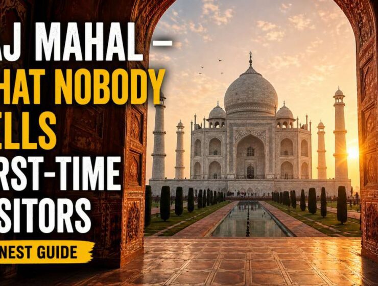 Taj Mahal at sunrise view from main gate with minimal crowd in Agra India