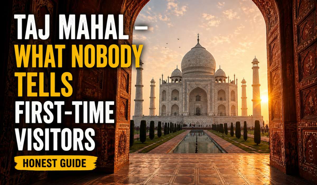 Taj Mahal at sunrise view from main gate with minimal crowd in Agra India