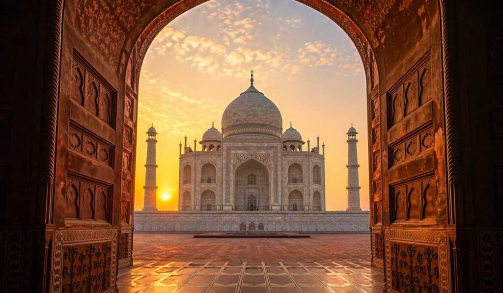 Taj Mahal framed through main gateway arch at sunrise with symmetrical composition