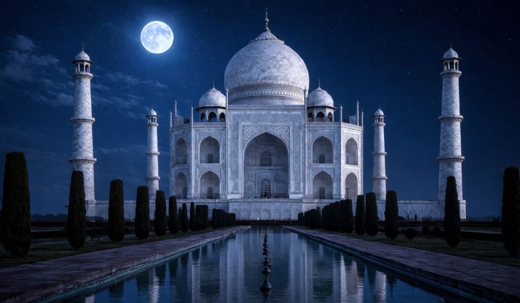 Taj Mahal under full moon night view with reflection in water Agra
