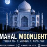 Taj Mahal glowing under full moon at night in Agra India