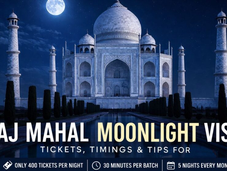 Taj Mahal glowing under full moon at night in Agra India