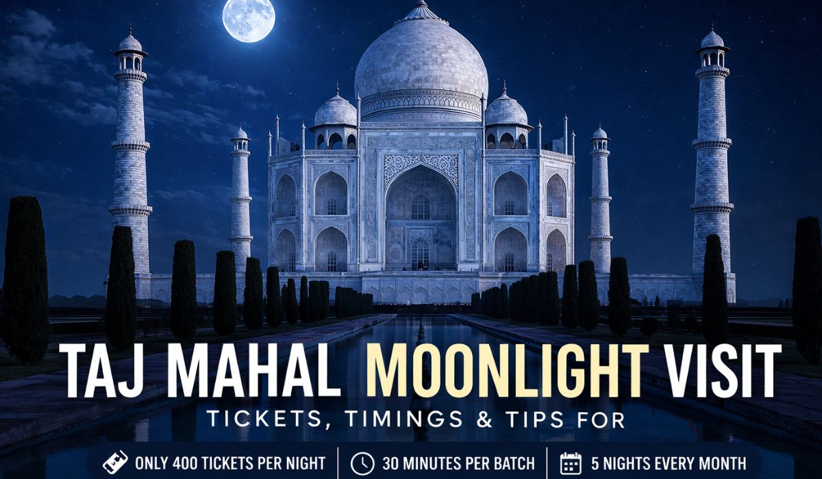 Taj Mahal glowing under full moon at night in Agra India