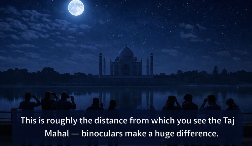 Taj Mahal viewed from distance during night viewing session in Agra