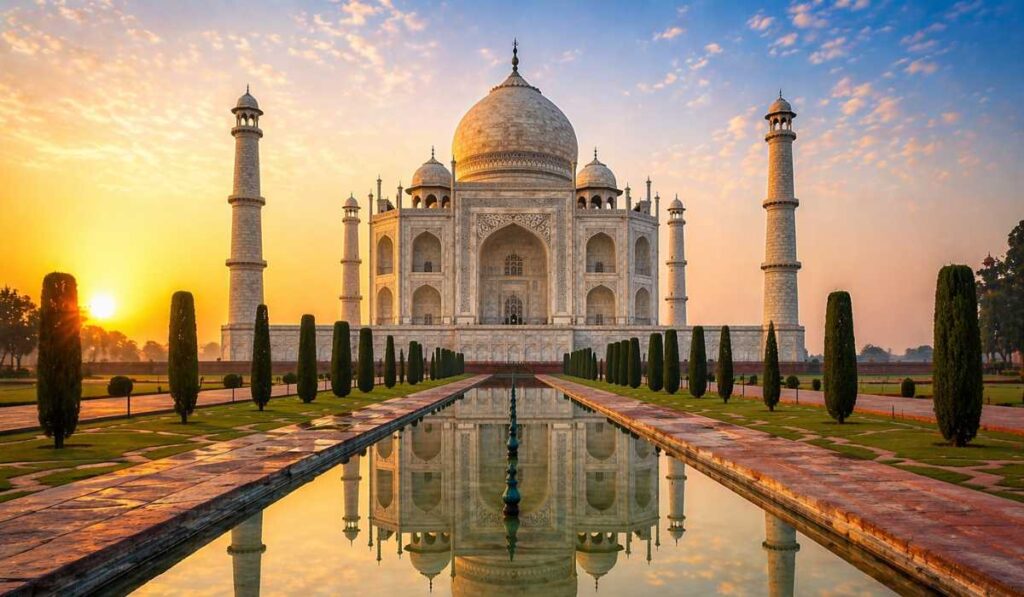 Taj Mahal reflecting pool at sunrise with perfect mirror reflection and symmetrical composition