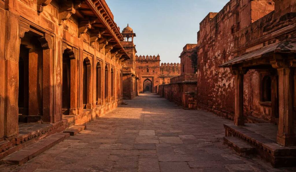Empty sandstone corridor inside Fatehpur Sikri abandoned Mughal city
