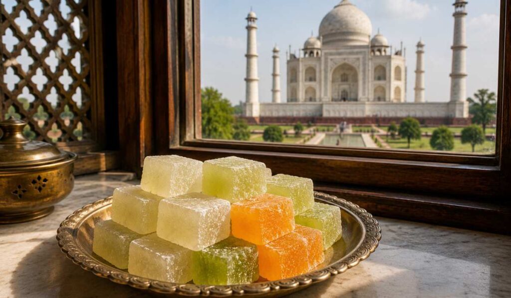 Traditional Agra Petha sweet served near the Taj Mahal