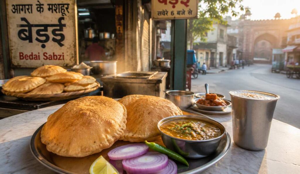 Traditional Bedai breakfast in Agra served near old city street stalls